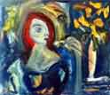 Saskia and masked figure with flowers